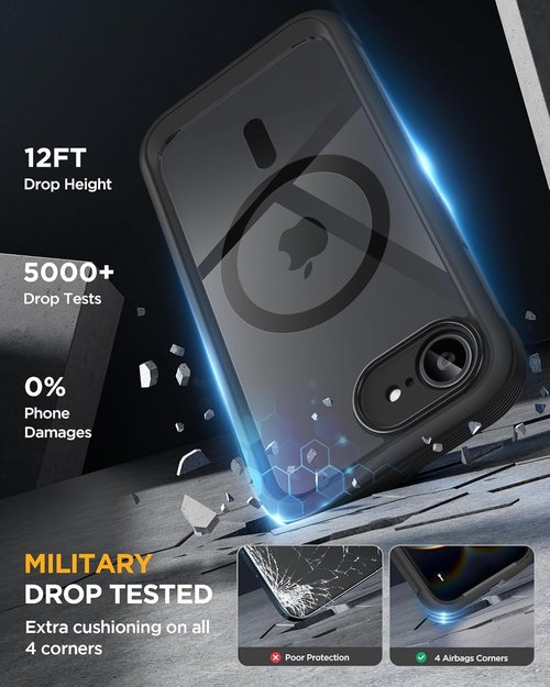 Miracase iPhone 17e & 16e Case - Full-Body Protection with Built-in Glass Screen Protector | Military Drop Proof, Black, 6.1 Inch