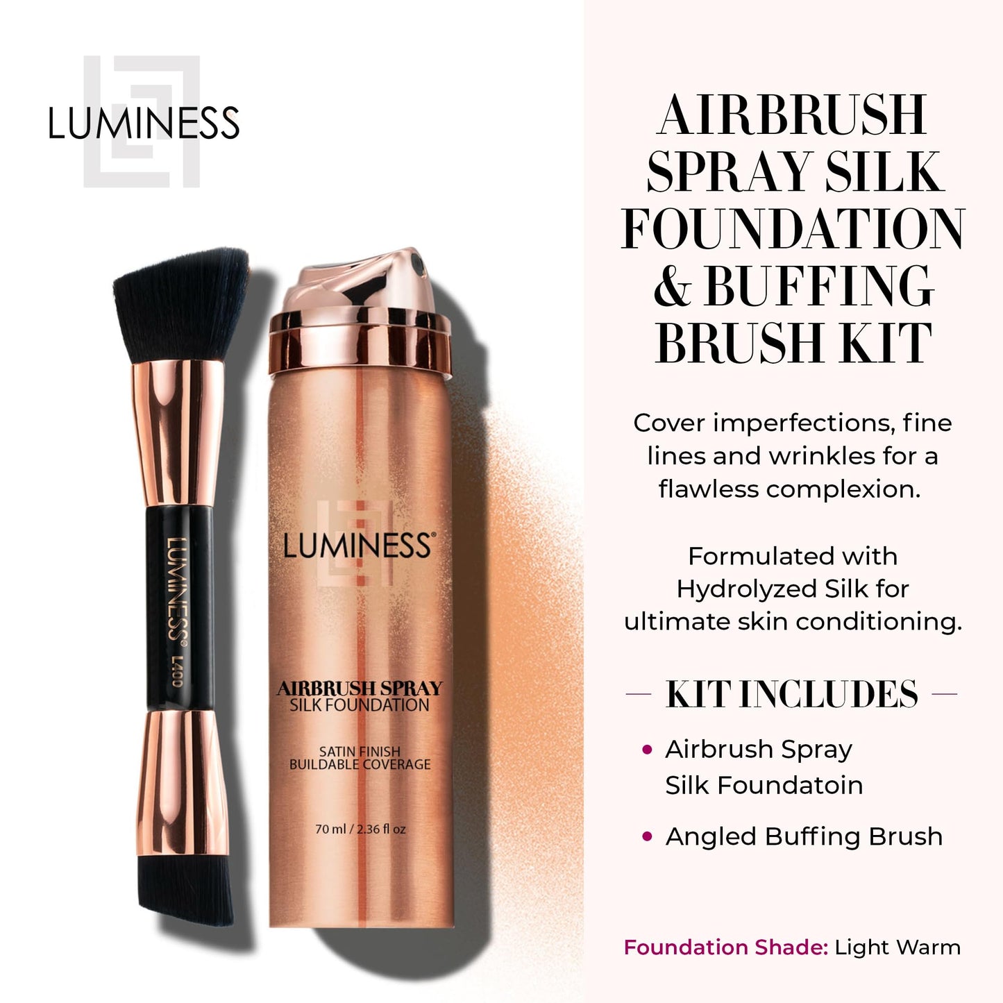 LUMINESS Silk Airbrush Spray Foundation & Buffing Brush Kit – Full Coverage Foundation & Dual-Sided Buffing Brush - Buildable Coverage, Anti-Aging Formula Hydrates & Moisturizes (Shade - Light Warm)