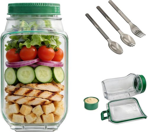 Portable Salad Jar by [Brand Name] - Leakproof Dressing Container & Removable Lid Bowl | Food Grade, Reusable, Freezer & Dishwasher Safe