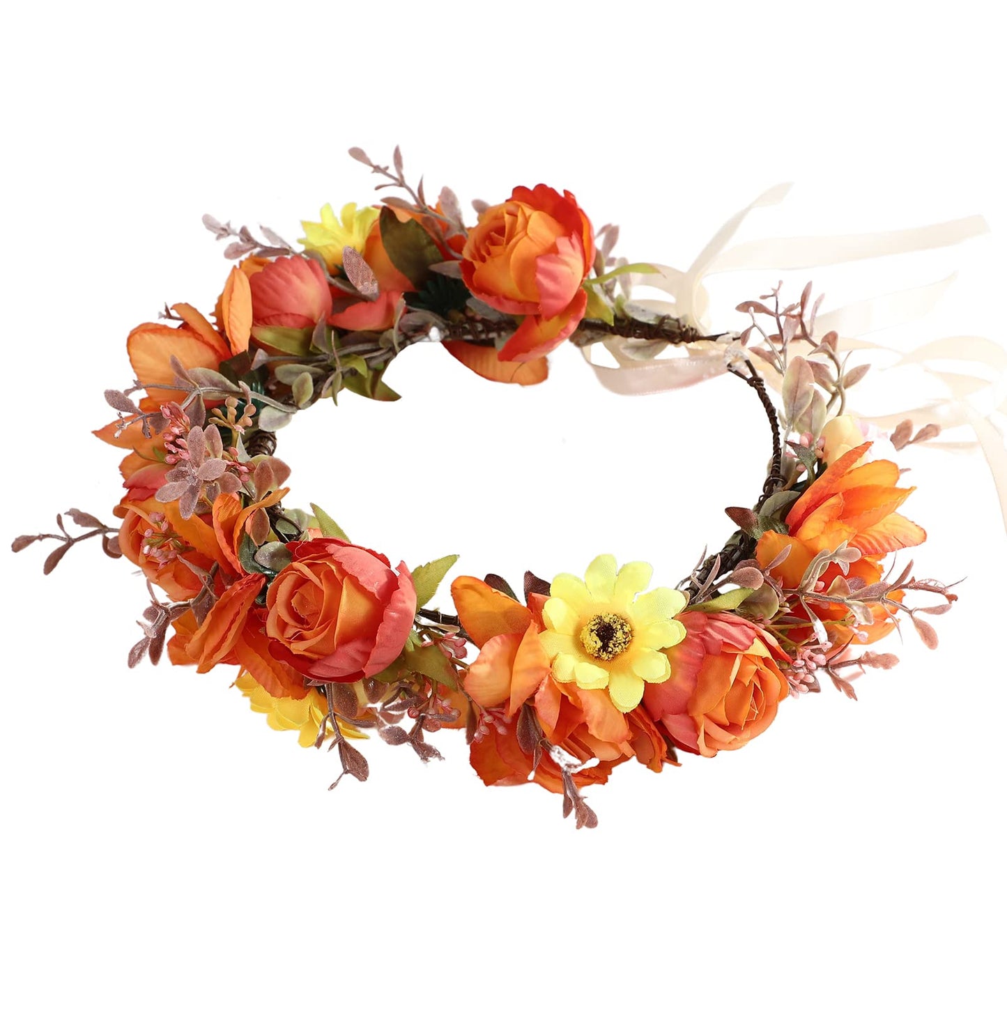 LLinfflr Women Flower Crown Bridal Floral Headband Hair Wreath Flower Headpiece Halo Boho Party Prom Wedding Photos Orange