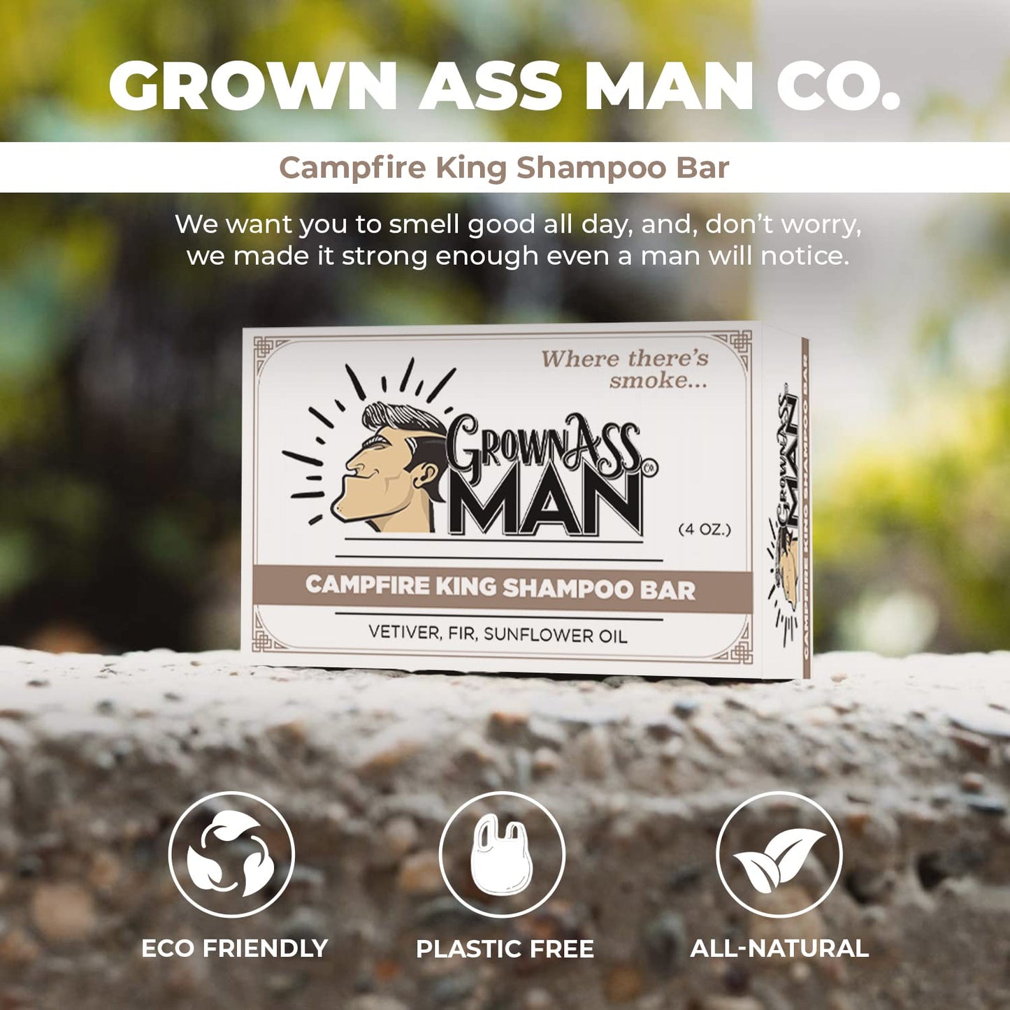 Grown Ass Man Co. Solid Shampoo Bar - Rich Lather 3-in-1 Hair, Beard & Body Wash | Eco-Friendly 4oz Campfire King