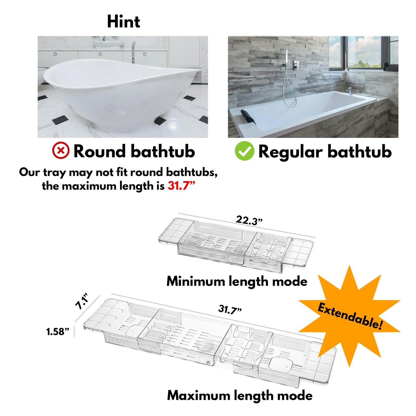 TaikonLab Expandable Bathtub Tray for Tub, Clear & Easy Maintenance Acrylic Material, Bath Organizer for Relaxing Spa, Fits Most Bathtubs and Bathroom Décor Style, Bath Tub Caddy Tray for Women