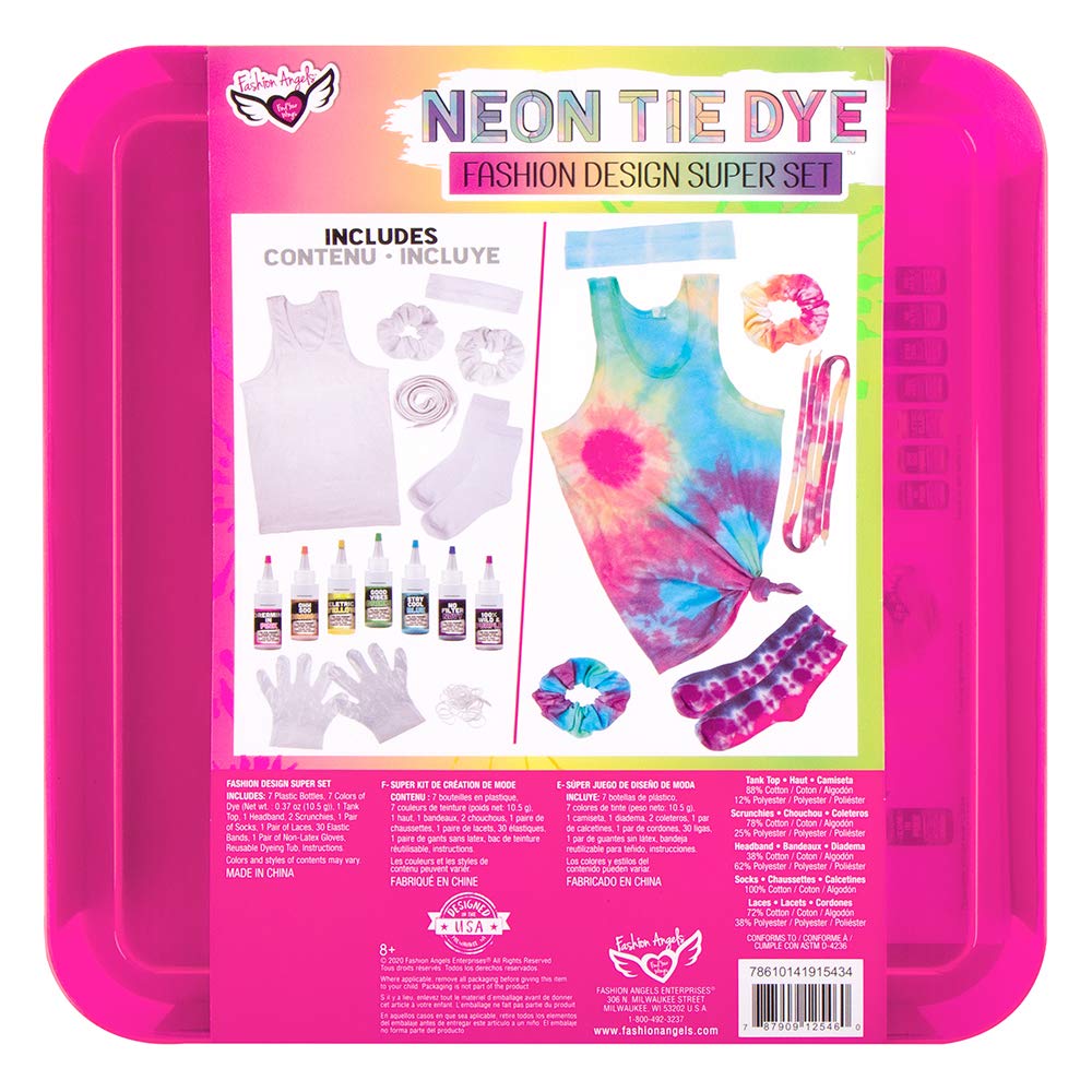 Fashion Angels Neon Tie Dye Fashion Design Super Set for Tweens and Kids to Create 6 Easy and Mess Free Projects, All-in-one Art Activities Set with 6 Tie Dye Colors to Create Tie Dye Socks, Tank Top, Hair Scrunchies, Shoelaces, Headband