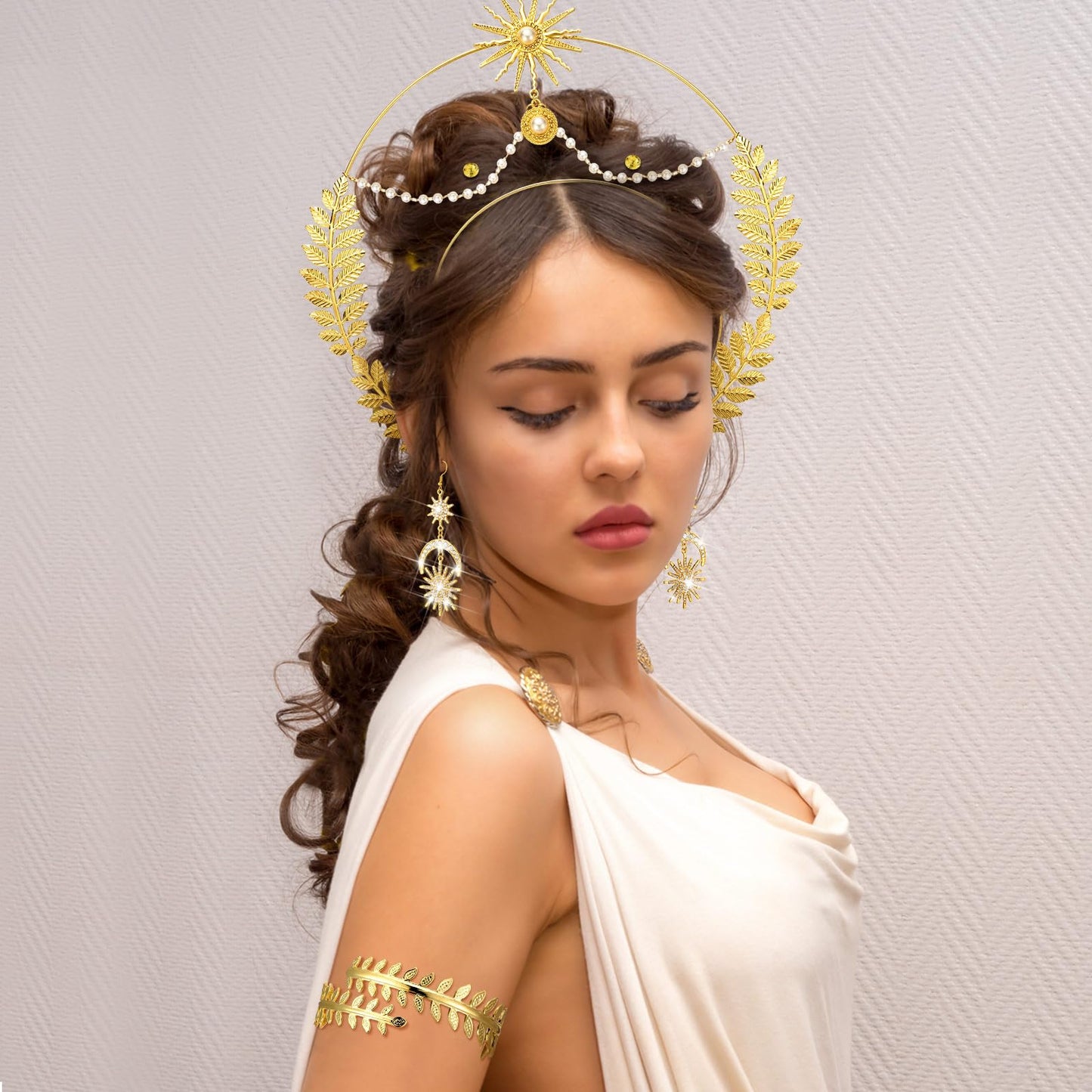 WILLBOND 15 Pieces Greek Goddess Costume Accessories Women Toga Golden Leaves Bridal Crown Headband Bracelet Pearl Earrings and Hair Pins(Boho Style)