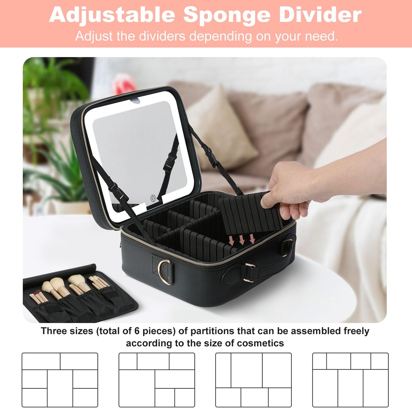 Mocado Travel Makeup Bag with LED Lighted Mirror,Travel Makeup Organizer,Makeup Case with 8 Makeup Brushes and 10x Magnifying Mirror,3 Colors Lighting, Adjustable Dividers Makeup Box(Black)