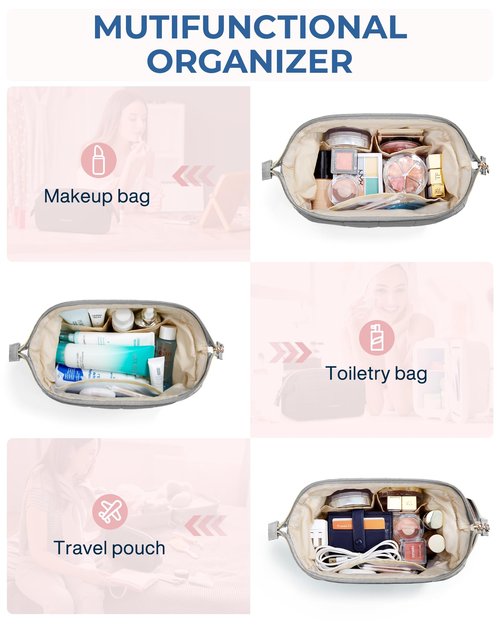 BAGSMART Makeup Bag Travel Toiletry Bag, Puffy Padded Make Up Bags for Women Makeup Organizer Case, Wide-open Pouch Purse Travel Essentials Toiletries Accessories Brushes, Gray