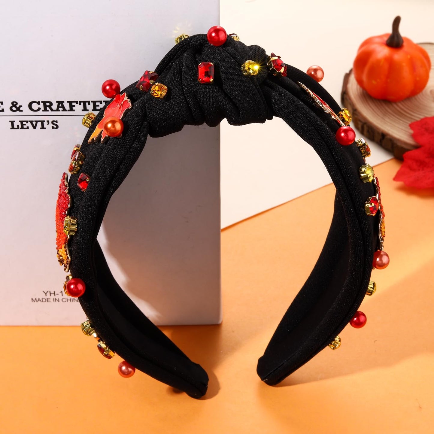 ARATLENCH Thanksgiving Headband Accessories Fall THANKS Knotted Headband Pearl Rhinestone Wide Headband Hair Accessories