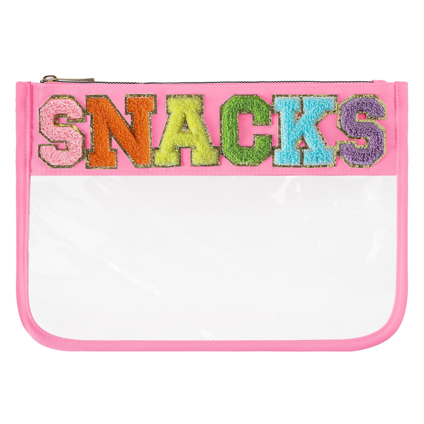 DYSHAYEN Snack Bag for Travel,Chenille Letter Clear Zipper Pouch,Nylon Clear Cosmetic Bag,Preppy Makeup Travel Bag for Women (Pink-Snacks)