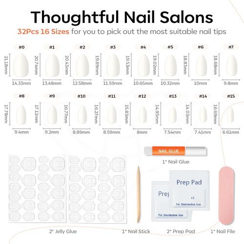 Modelones Milky White Press on Nails Almond, Spring Short Fake Nails, Reusable Nail Kit with Nail Glue Adhesive Tabs Mini Nail File, Nails Press Ons 32Pcs 16 Sizes, Women Girl Gift