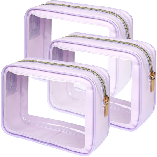 PACKISM TSA Approved Toiletry Bag - Amazing Color-Edged Clear Makeup Bag, 3 Pack in Spacious Space, Reusable Clear Toiletry Bags with Great Value, Purple