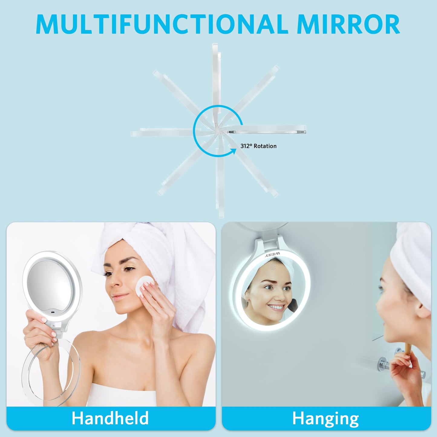 WEILY Magnifying Mirror with Light, 10X/1X Magnification Double-Sided Travel Makeup Mirror, with 3 Color Lights, Touch Control, Rechargeable Portable Mirror for Bedroom, Bathroom (White)