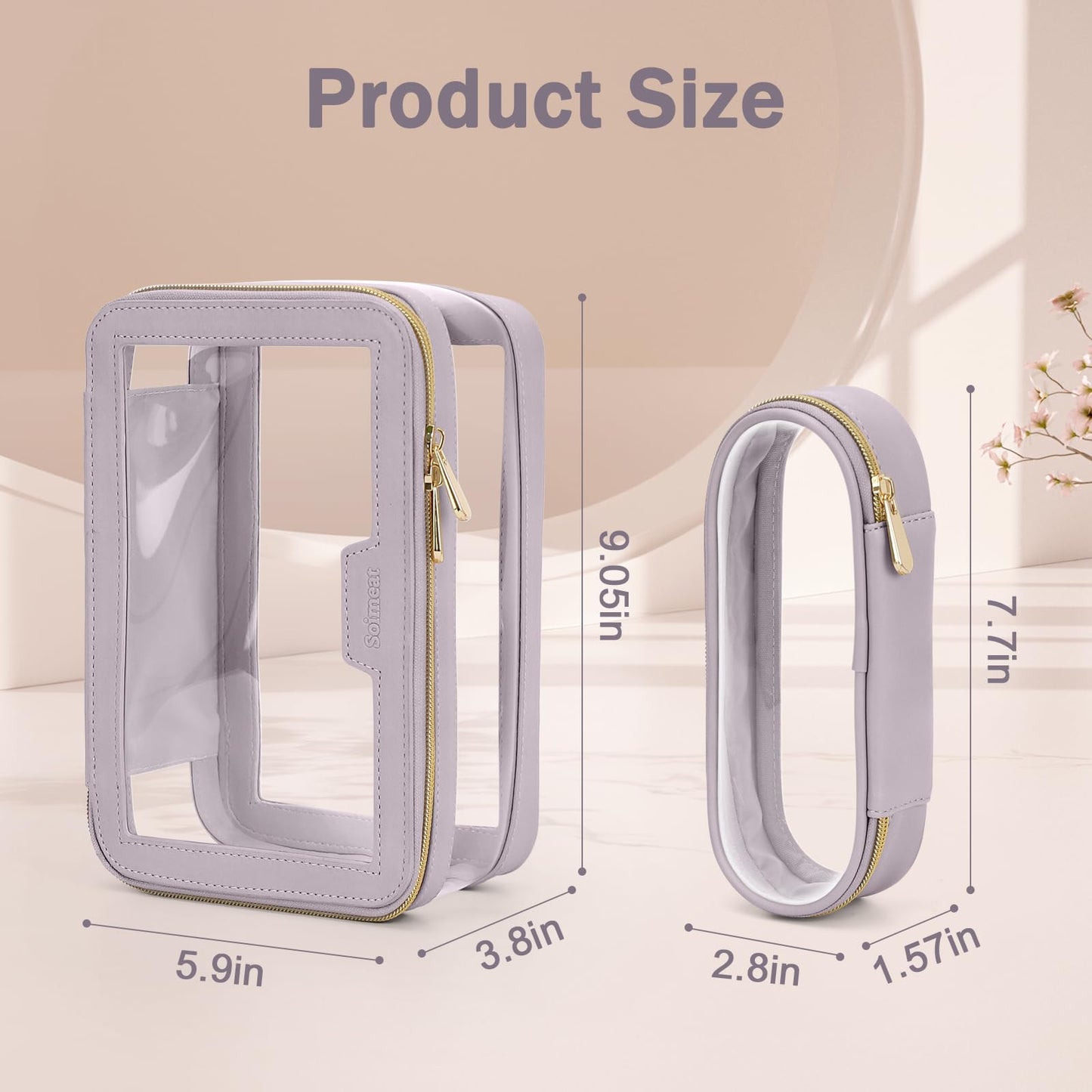 Soimeat Travel Clear Makeup Bag with Makeup Brush Bag, Leather Makeup Case Toiletry Bag, Portable Cosmetic Bag Case, Transparent Waterproof Cosmetic Organizer Storage Bag for Women, Purple