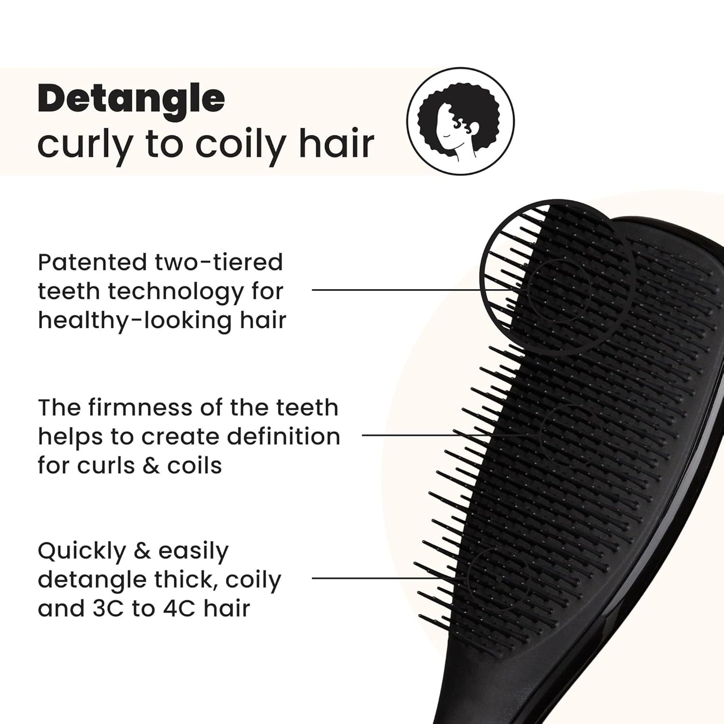 Tangle Teezer Ultimate Detangler Curly Hair Brush, Dry & Wet Hairbrush, Reduces Frizz & Breakage, for 3C to 4C Curly Hair Types, Black