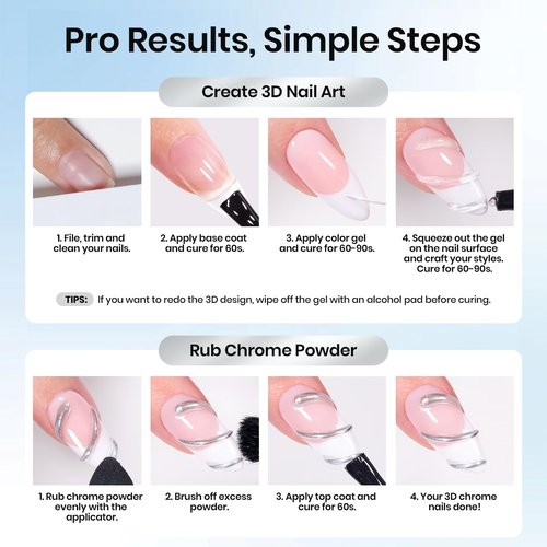 Beetles 3D Gel Nail Art, Sculpting Gel 3 in 1 Clear No Wipe Nail Polish Rhinestone Art Glue Gel for Drawing, Molding, Gems and Decoration with Silver Chrome Nail Powder for DIY Nail Designs, 15g