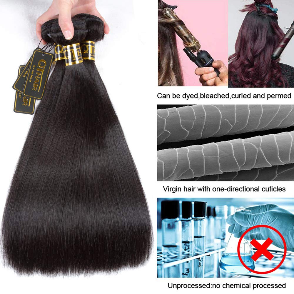 QTHAIR 14A Straight Human Hair Bundles(16 18 20,300g,Natural Black) 100% Unprocessed Human Hair Extensions Indian Straight Virgin Human Hair Bundles