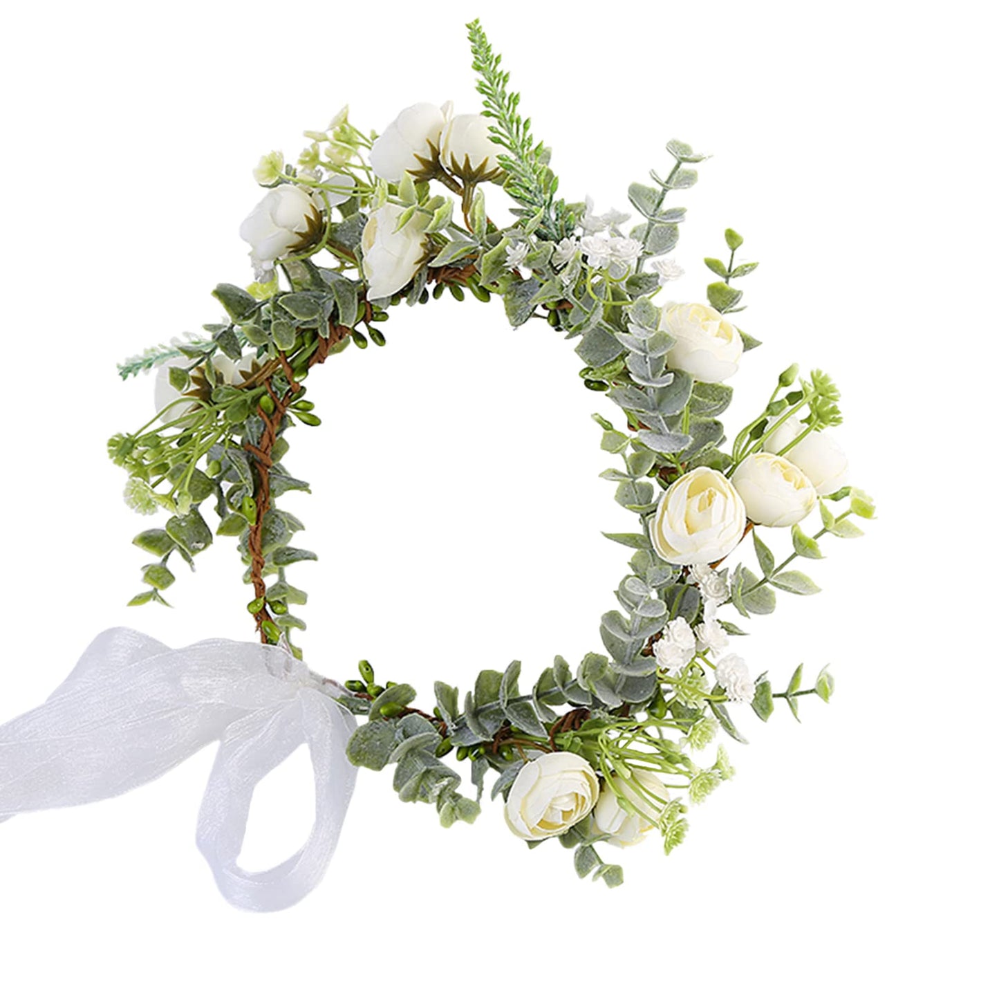 Vivivalue Rose Flower Crown Flower Garland Headband Hair Wreath Floral Headpiece Halo Boho with Ribbon Wedding Party White