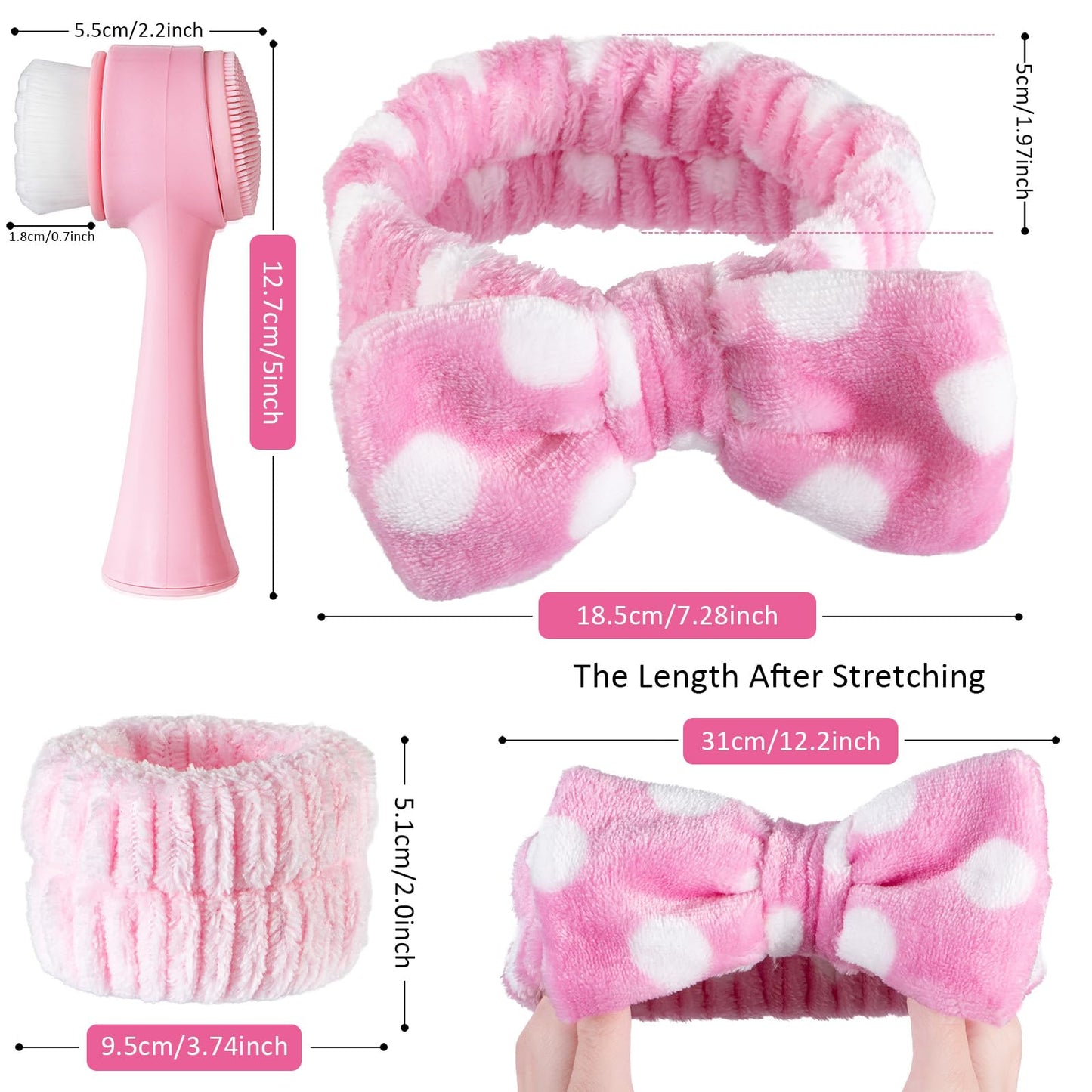 Beomeen Facial Cleansing Brush 2 in 1, Silicone Face Scrubber Dual Face Brush for Deep Pore Cleansing and Exfoliating, Skincare Headband and Wristbands Set for Washing Face, Massaging Spa Makeup, Pink