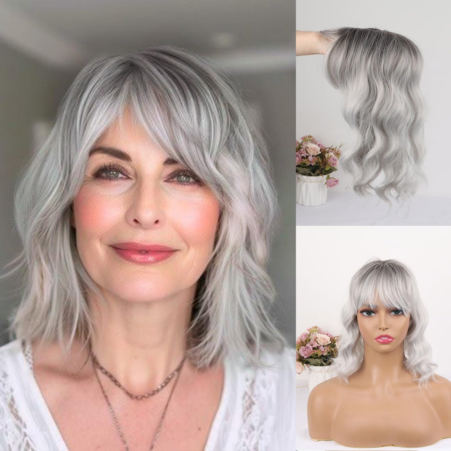 CINHOO Short Curly Wavy Grey Hair Toppers for Women with Thinning Hair,14inch Toppers Hair Pieces for Women Synthetic 360° 3D Hair Topper with Bangs Hair Clip in Bob Wigs for Women(Ombre gray)