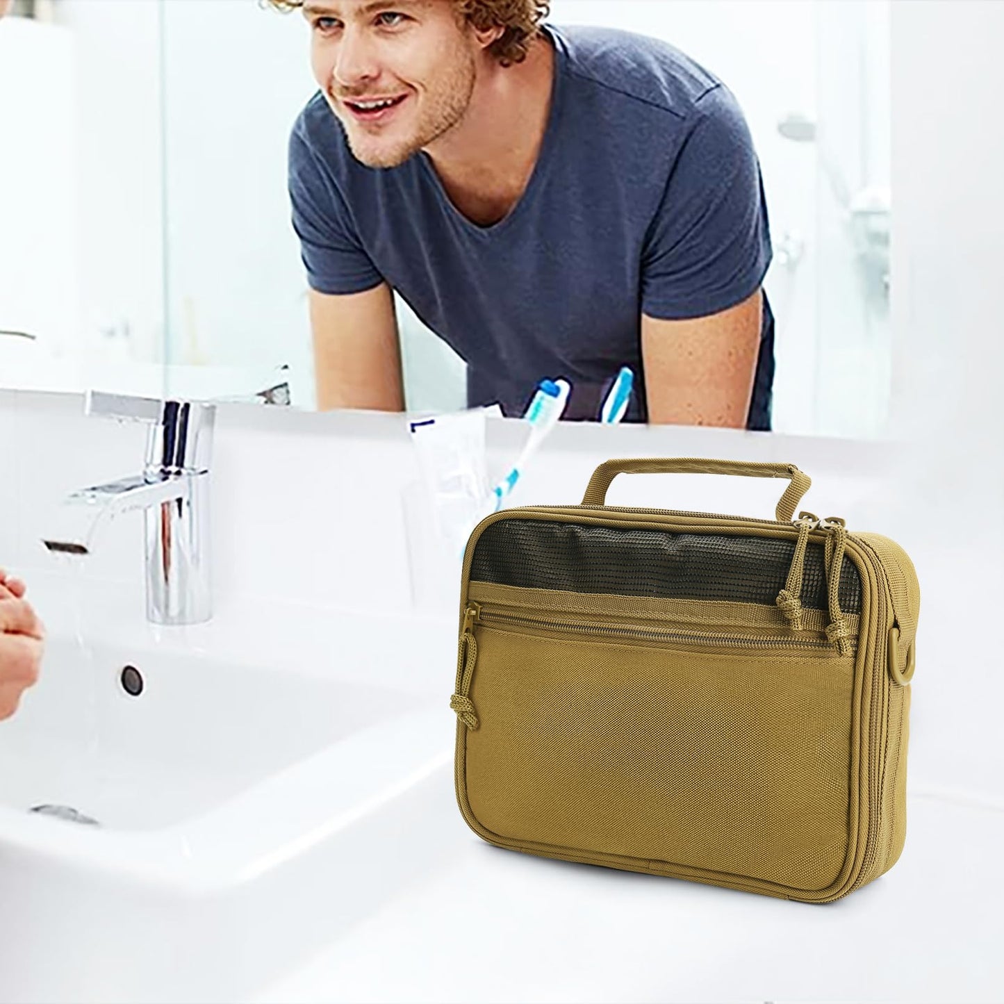 SMONT Toiletry Bag for Men Travel, Hanging Dopp Kit Shaving Hygiene Bag for Traveling Bathroom Khaki