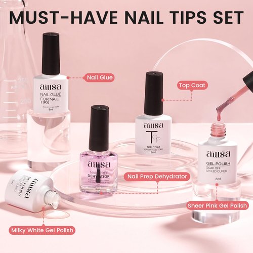 AILLSA Nail Extension Kit Short Almond Nail Tips 240pcs with 2 In 1 Nail Glue Base Coat and Nail Dehydrator, Gel Nail Tips Kit with Nail Lamp Top Coat for Starters Home Salon