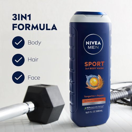 NIVEA Men Sport Body Wash - Revitalizing Minerals & Tangerine Pepper Scent | 3-in-1 Formula, 16.9 Fl Oz