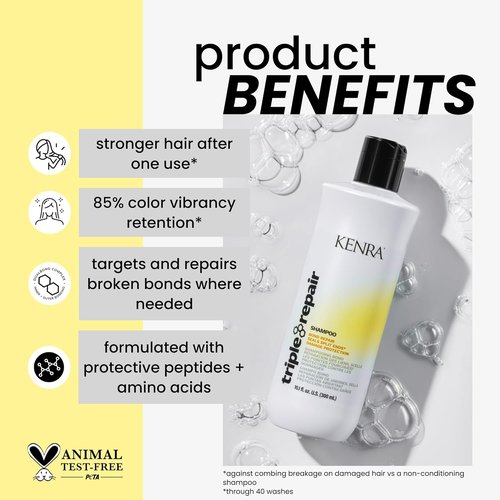 Kenra Triple Repair Shampoo - Strengthens & Repairs Weak Bonds | Split Ends & Damaged Hair | Sulfate-Free