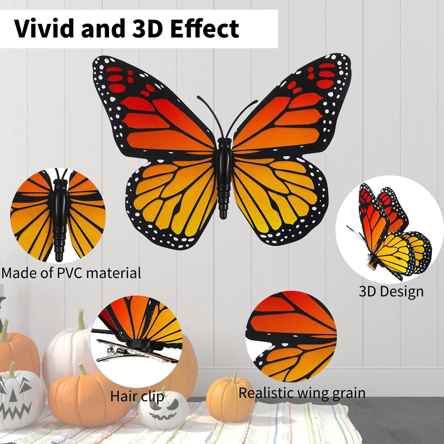 60 Pcs Monarch Butterfly Hair Clips, 4 Size 3D Simulation Butterflyr Hair Barrettes Butterfly Headwear Clips for Halloween Dia De Los Muertos Decorations (60 Pieces)