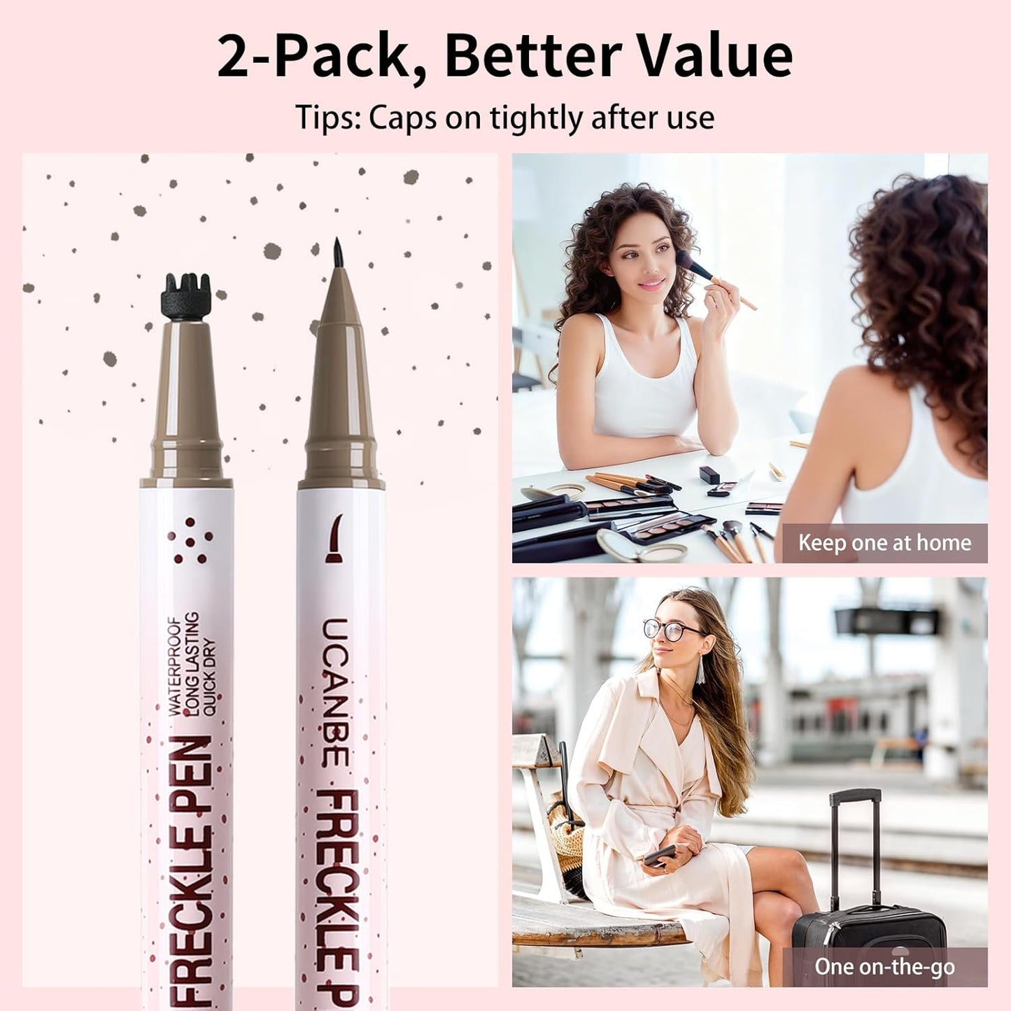 UCANBE Dual-Ended Freckle Pen & Stamp - Waterproof, Smudge-Proof Makeup for Long-Lasting Faux Freckles (Light Brown & Chestnut)