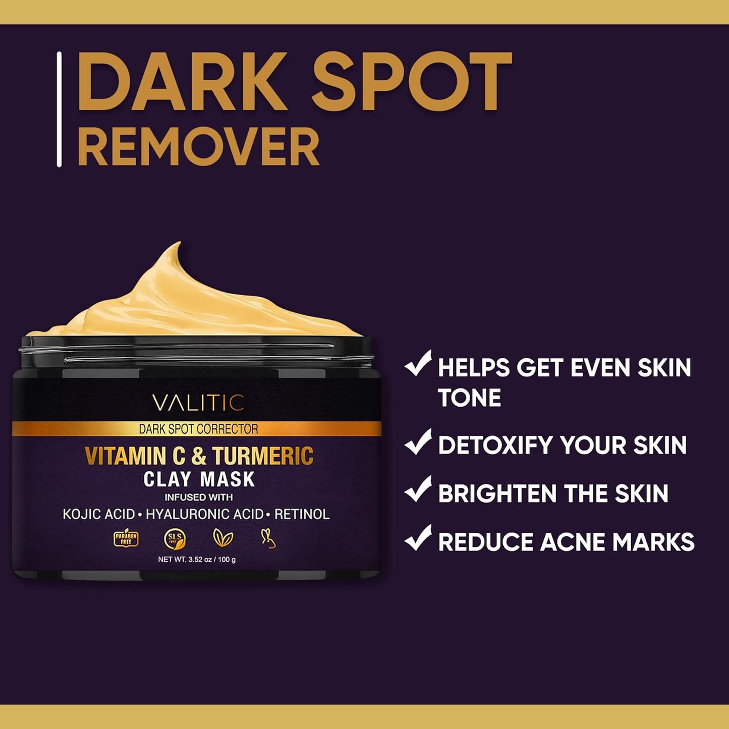VALITIC Vitamin C & Turmeric Clay Mask - Dark Spot Corrector with Kojic Acid & Retinol - 100g
