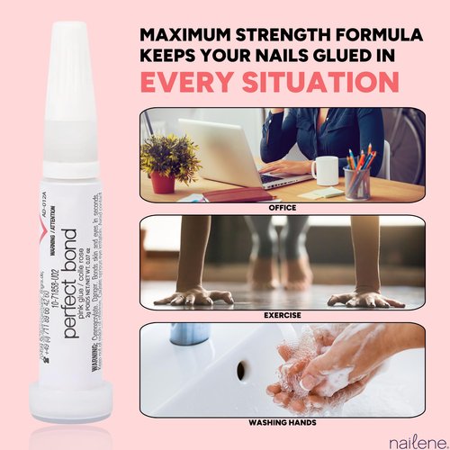 Nailene Perfect Bond Nail Glue, Super Strong, Durable, Easy to Apply Acrylic Nails, Press On Nails, Repairs Natural Nails, Quick Drying Nail Adhesive, Lasts 7 Days, Pink Tint, 2 g/0.07 oz, 2 Pack