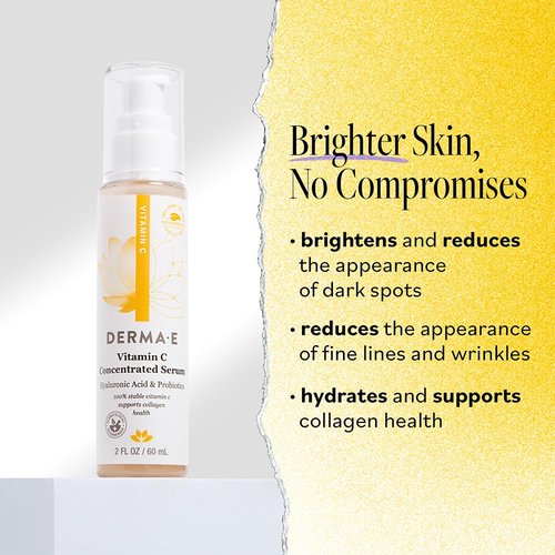 DERMA E Vitamin C Serum - Hydrating & Brightening Formula with Hyaluronic Acid | 2 Oz, All Natural