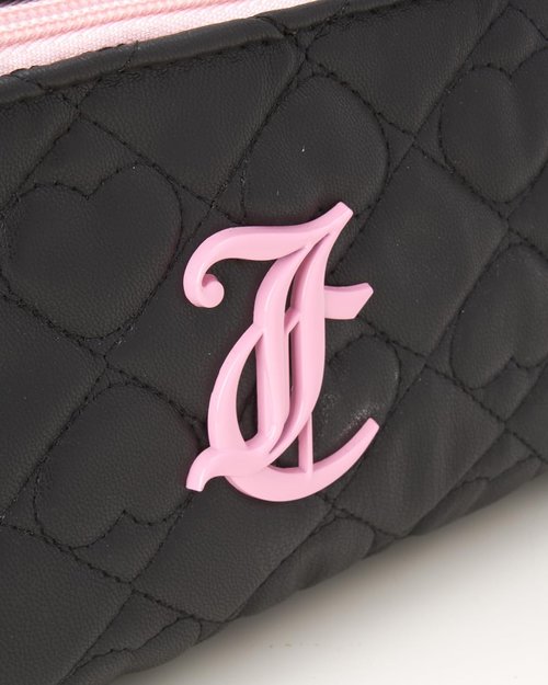 Juicy Couture Black Makeup Bag - Quilted Faux Leather Cosmetics Organizer for Travel Essentials
