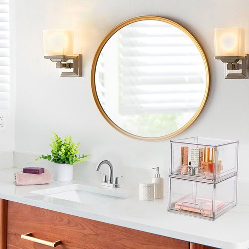 2 Pack Stackable Makeup Organizer, 4.4'' Tall Acrylic Bathroom Organizer and Storage Drawers, Clear Plastic Drawer Storage Bins For Vanity, Undersink, Cabinets, Pantry
