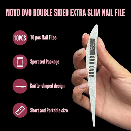 NOVO OVO Thin Nail File Set - 10 Professional Double-Sided Emery Boards (100/180 Grit) for Home & Salon Manicure