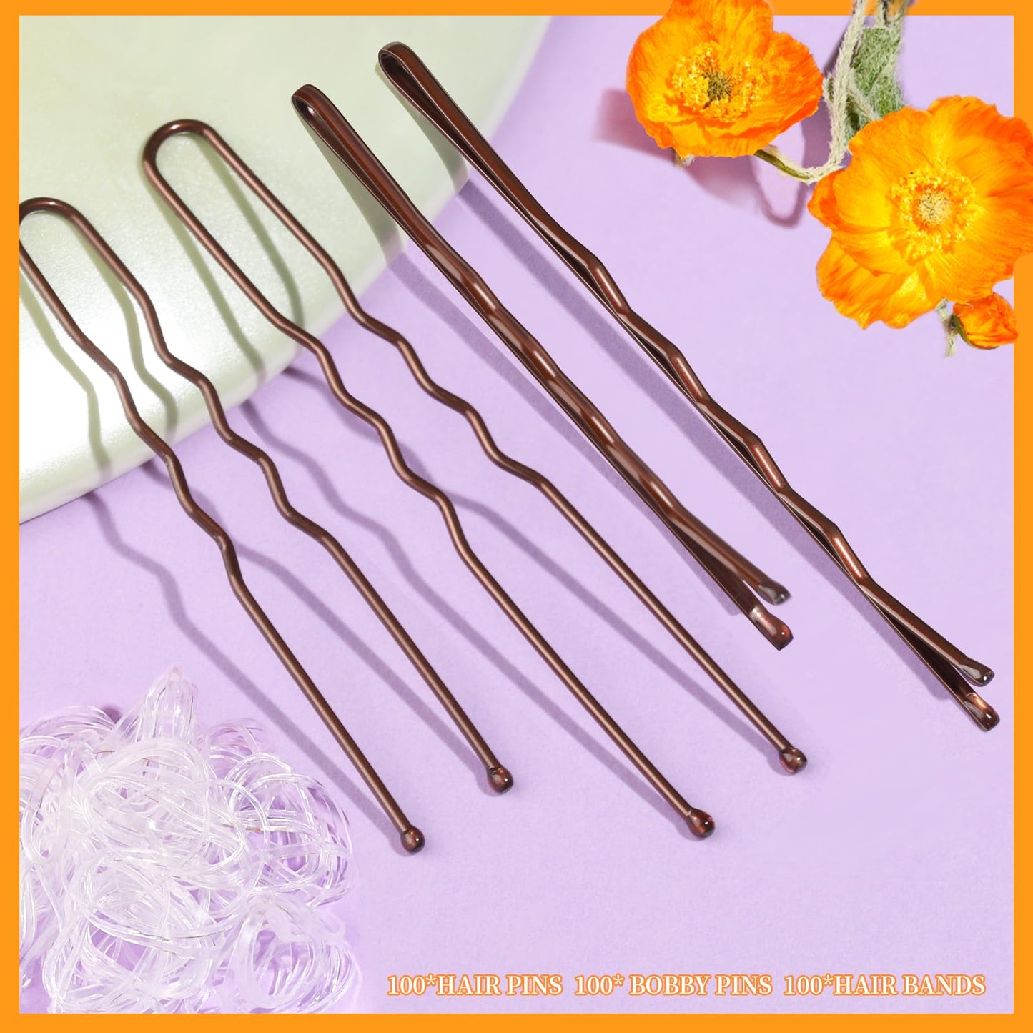 Teenitor 300pcs Bobby Pins Hair Pins Kit, 100 Hair Pins for Women 100 Bobby Pins Brown Hair and 100 Hair Bands, Hair Pins for Buns, U Shape Pins 2inch 2.36inch Bobby Pins for Women 2inch, 2.75inch
