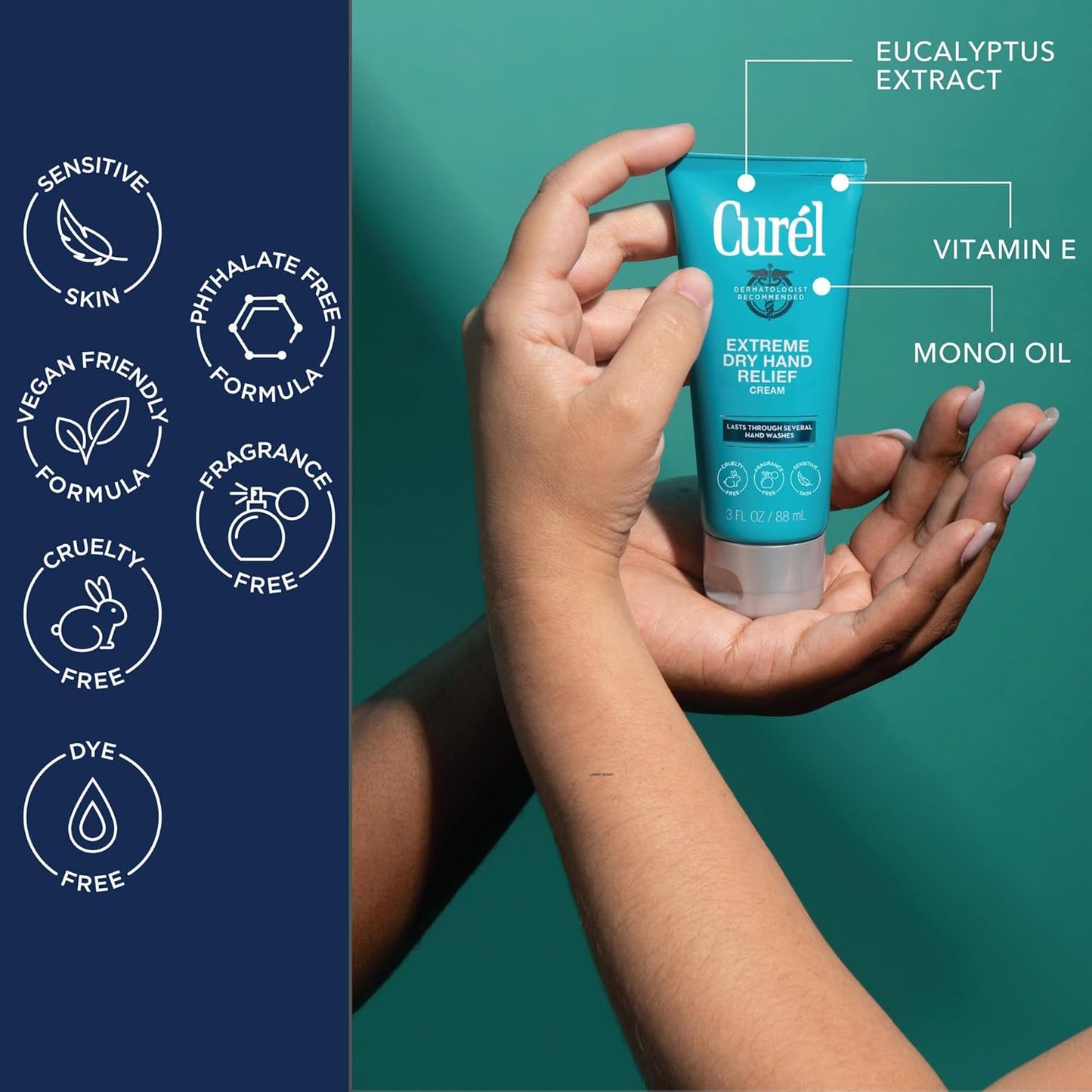 Curel Extreme Dry Hand Dryness Relief, Travel Size Hand Cream, Easily Absorbed for Long-Lasting Relief after Washing Hands, with Eucalyptus Extract, 3 Ounces (Pack of 2)