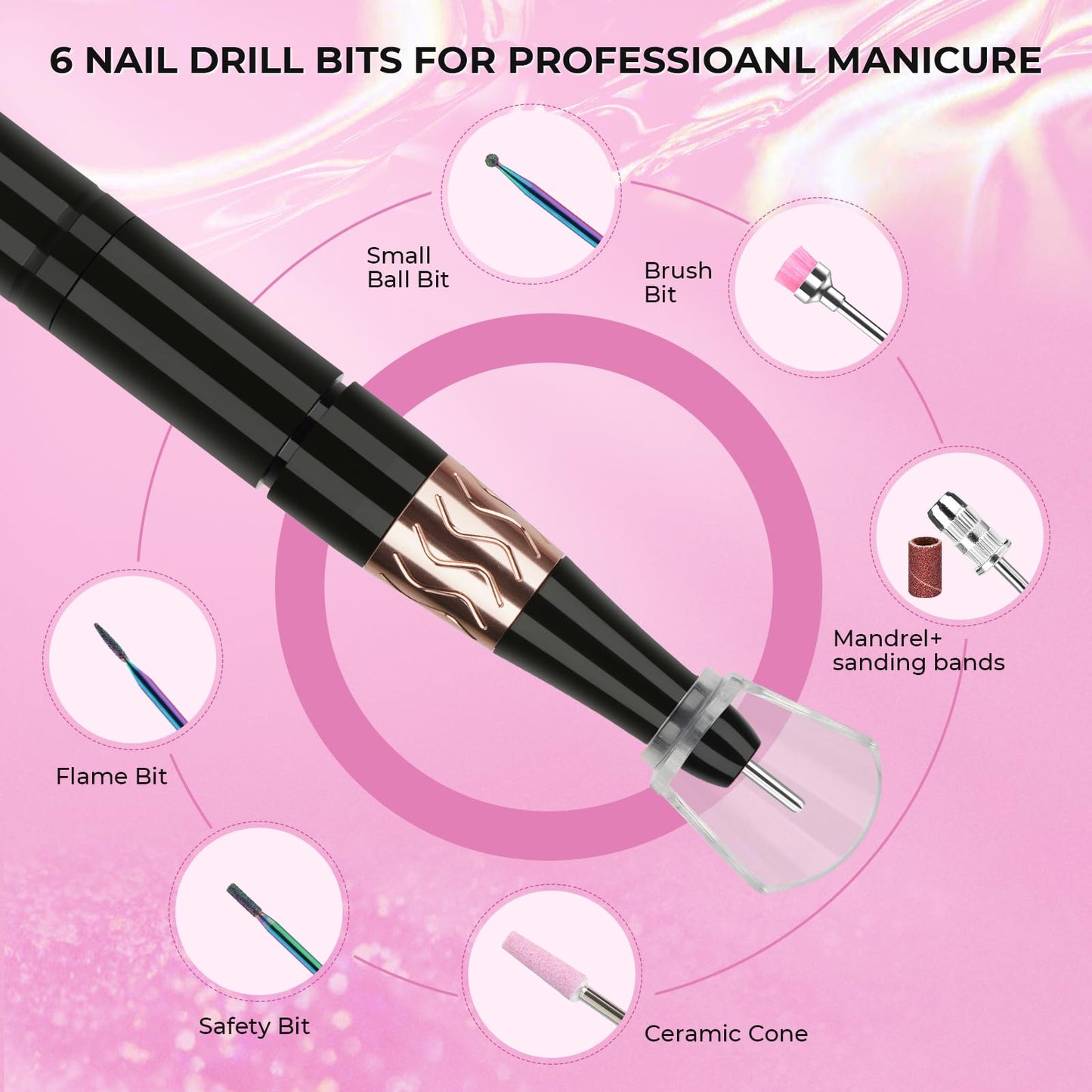 Professional Rechargeable Nail Drill Machine, Lavinda Diamond 35000RPM Electric Nail File Cordless Portable Nail Drill with Coreless Motor for Acrylic Nails, Manicure Pedicure Tool, Pink