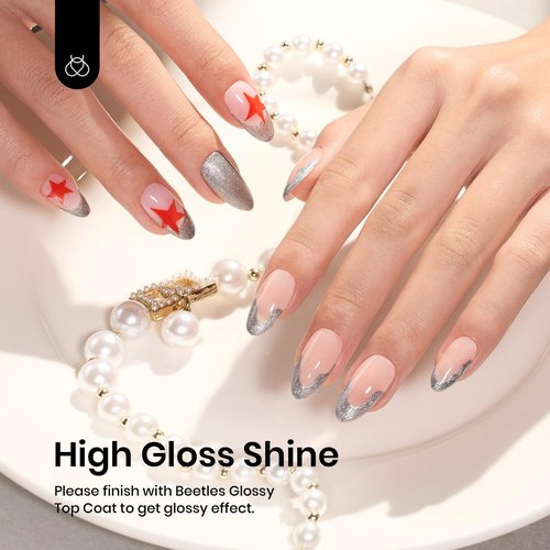 Beetles Silver Gel Nail Polish Glitter Gel Polish Shell Swirl Thread Drawing Effect Mermaid Shimmer Soak Off UV LED 15ml Gifts for Women Silver Dance Floor