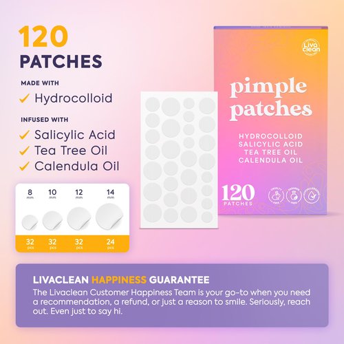 Livaclean 120 CT Pimple Patches for Face w/ Salicylic Acid, Tea Tree & Calendula Oil - Four Sizes Zit Dots Acne Patches for Face - Hydrocolloid Patch Pimple Patch Invisible - Acne Dots Zit Stickers