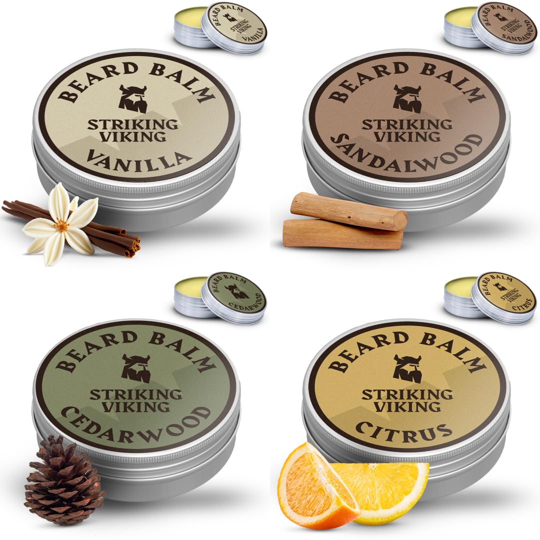 Striking Viking Beard Balm - Hydrating Moisturizer & Beard Butter Variety Pack | 4 Assorted Scents, 1 Oz Tins