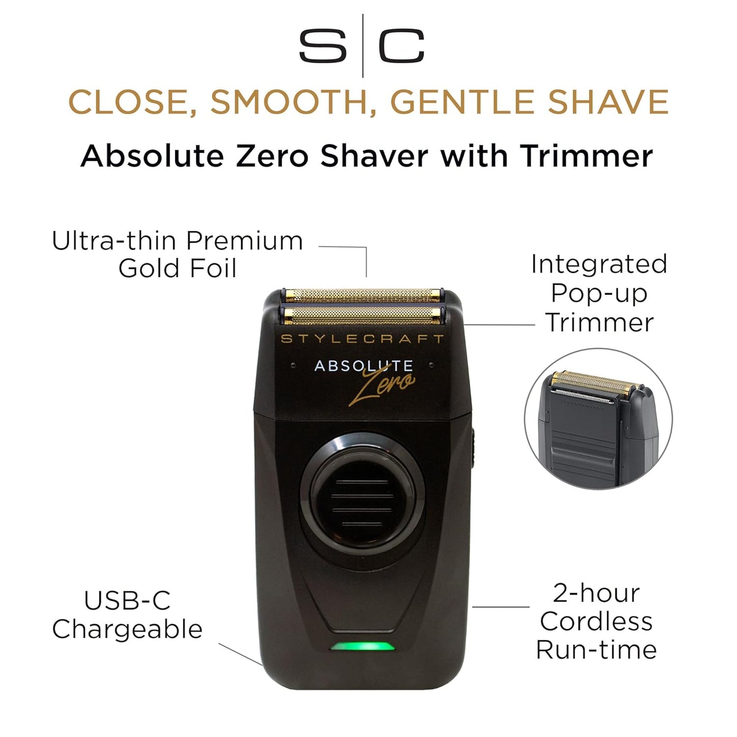 StyleCraft Absolute Zero Foil Shaver - Close, Smooth Shave with Retractable Trimmer | USB-C, Cord/Cordless, Lightweight