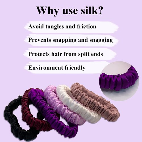 VLOMOT 6 Pcs Set 100% Pure Mulberry Silk Hair Scrunchies - 6 Chic Colors Everyday Skinny Scrunchies Silk Ponytail Holders - No Damage (Purple)