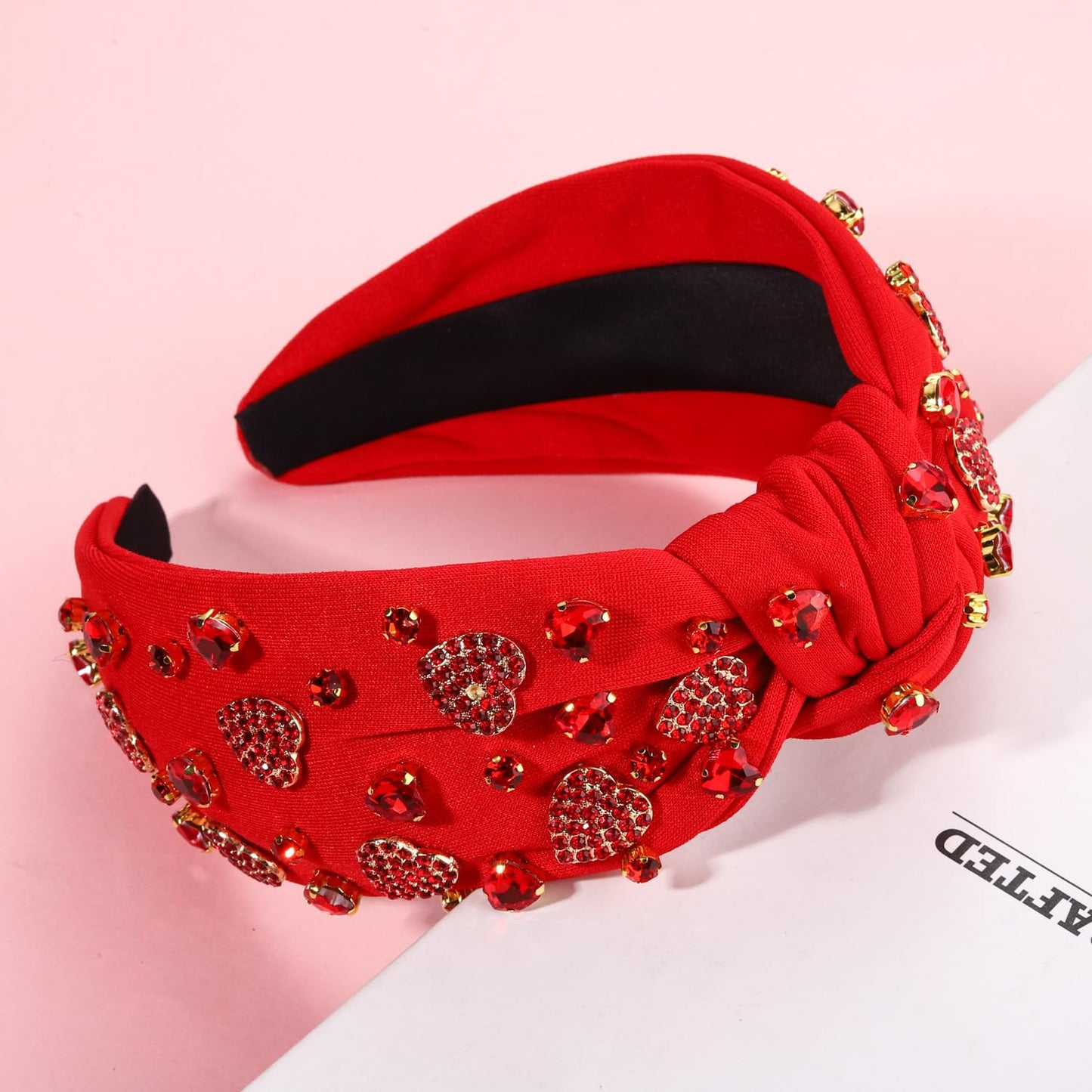 Valentine’s Day Heart Headbands for Women Valentine’s Day Accessories Jeweled Beaded Heart Knotted Headband Pink Red Rhinestone Wide Top Knot Headband Valentine Party Favors Gifts (Valentine's 8)