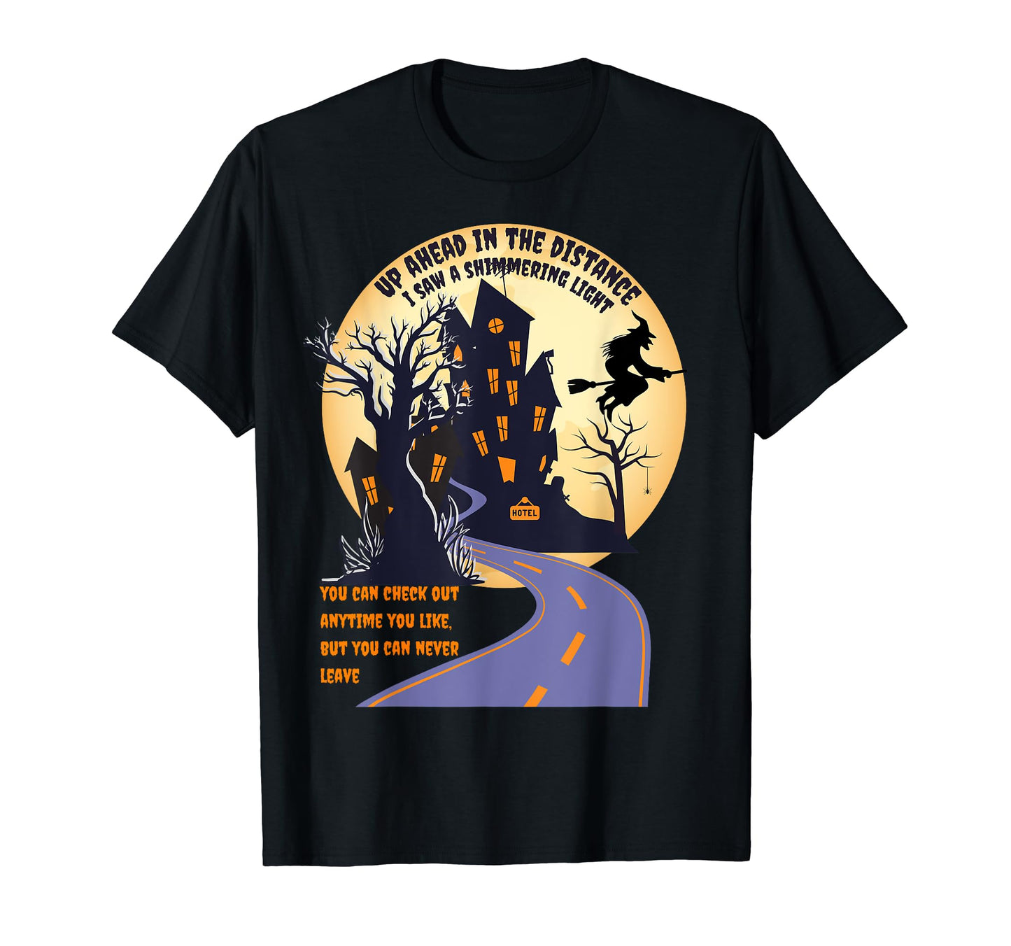 Witch riding broom on a dark desert highway halloween moon T-Shirt