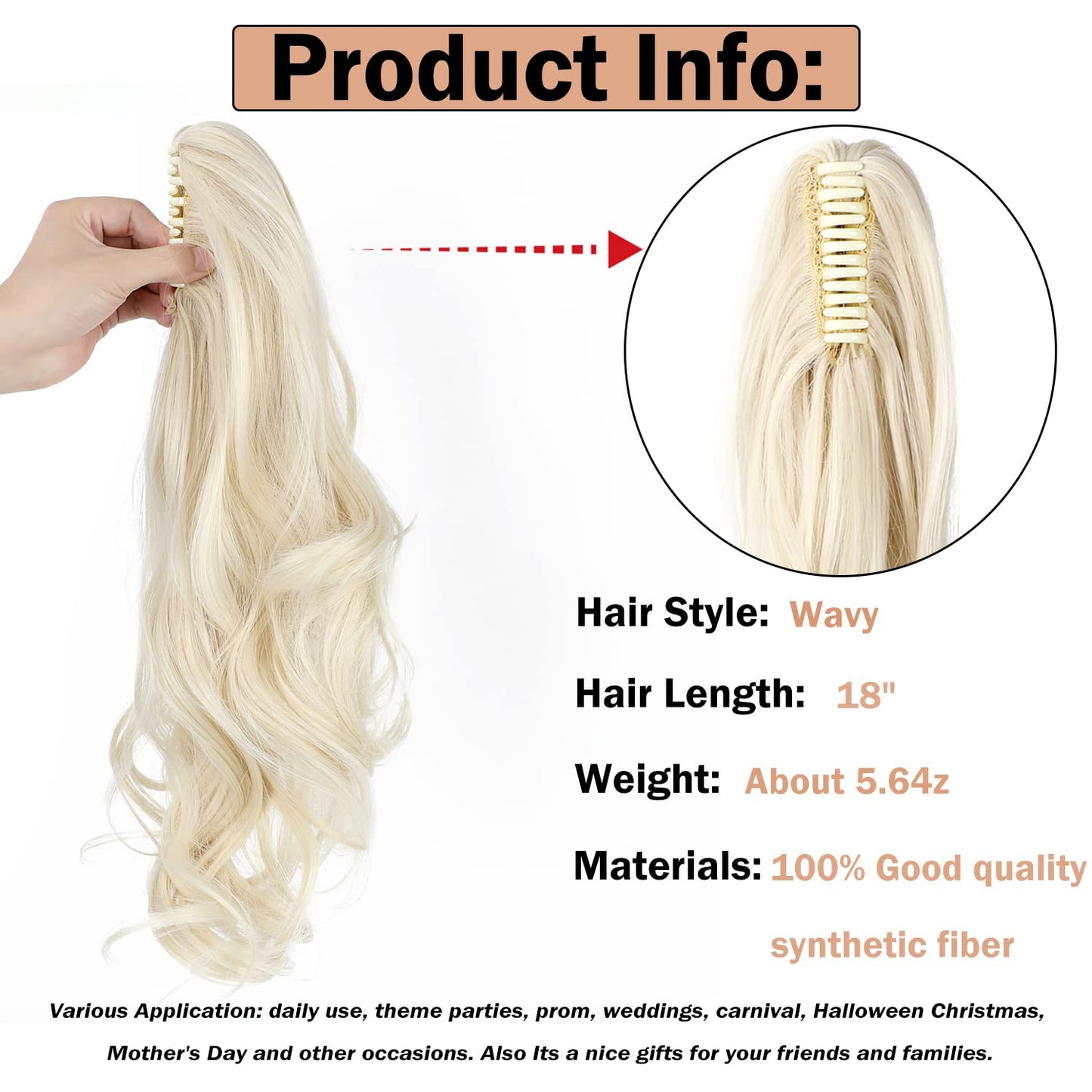 Mitrygreen Claw Clip Ponytail Extension 18" Clip in Wavy Ponytail Hair Extensions Long Pony Tails for Women Extensions Platinum Blonde Wave Hairpiece