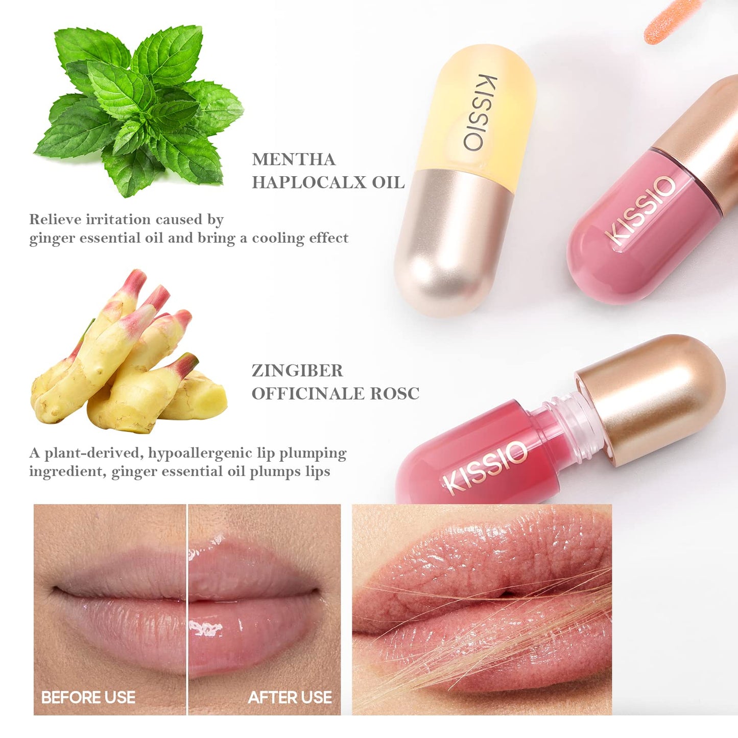KISSIO Lip Plumper,Color Lip Plumper Gloss,Shimmer,Lip Enhancer,Plant Extracts Plumping Lip Serum,Moisturizing Lip Gloss for Fuller Lips and Hydrated Beauty Lips 5.5ml (01 Lemonade)