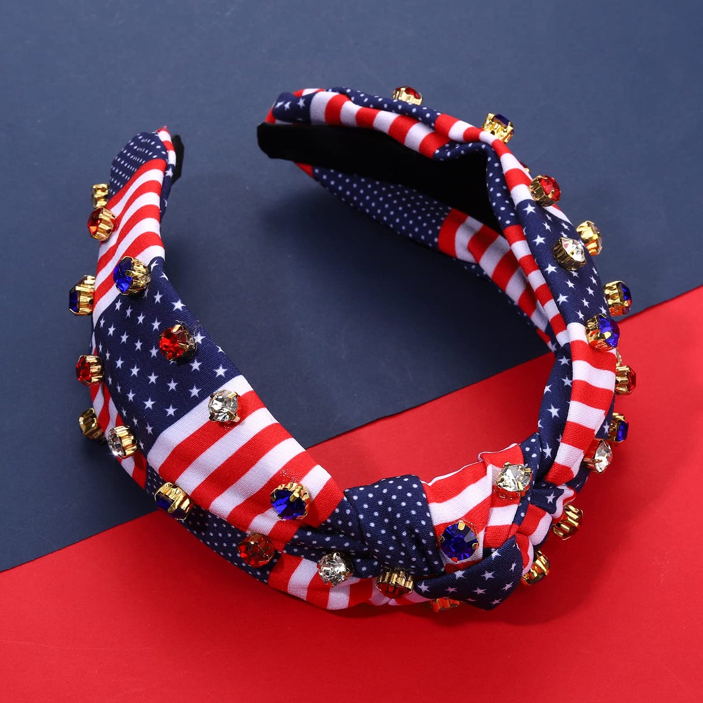 Crystal Velvet Headband American Flag Cross Knotted Turban Headdress Patriotic rhinestone Statement Wide Hair Band Hoop Accessories For Women Girls (Red White Blue)