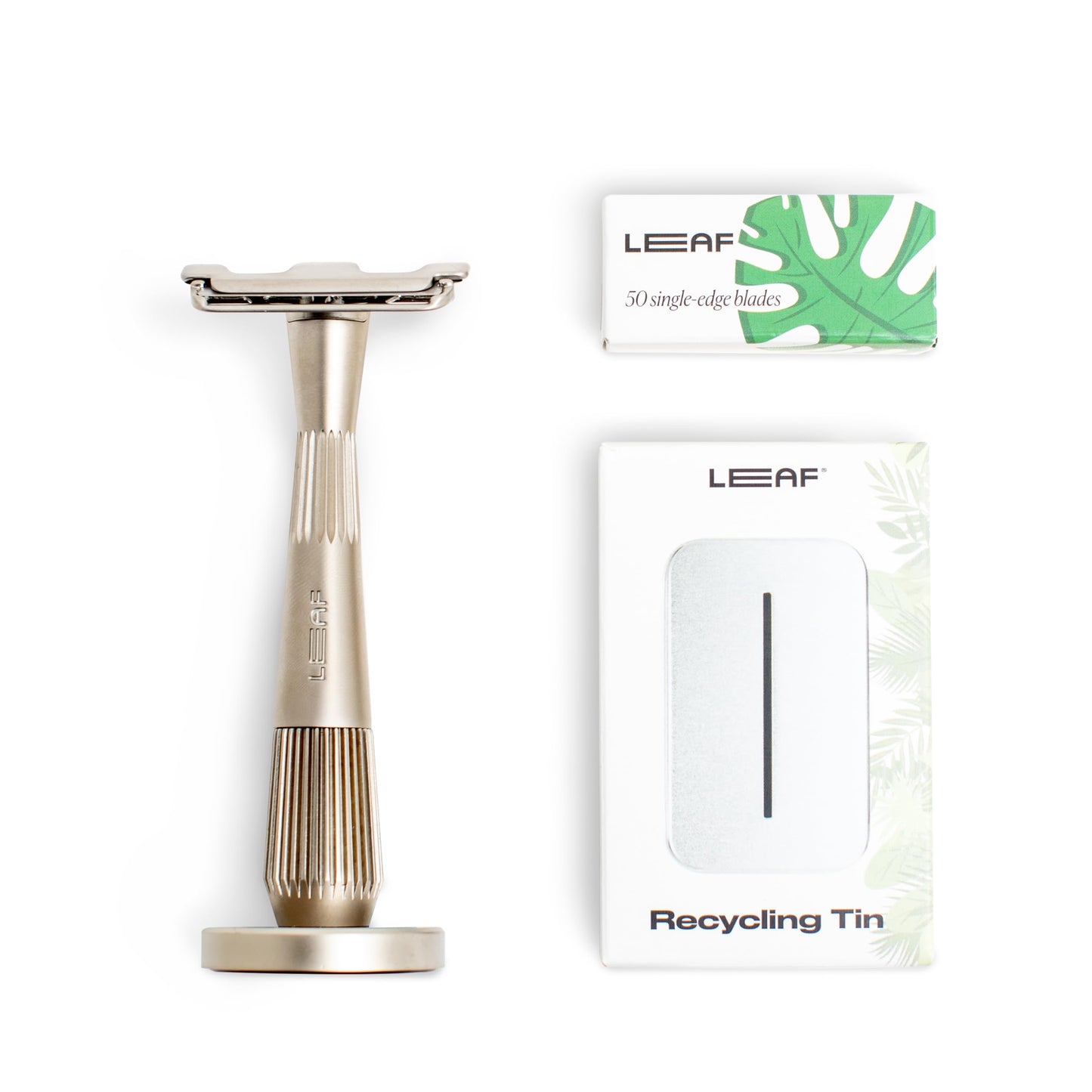 Leaf Shave | The Twig Razor Set, Silver - Includes Twig Razor, Matching Stand, 50-Pack of Single-Edge Blade Refills, and Blade Bank