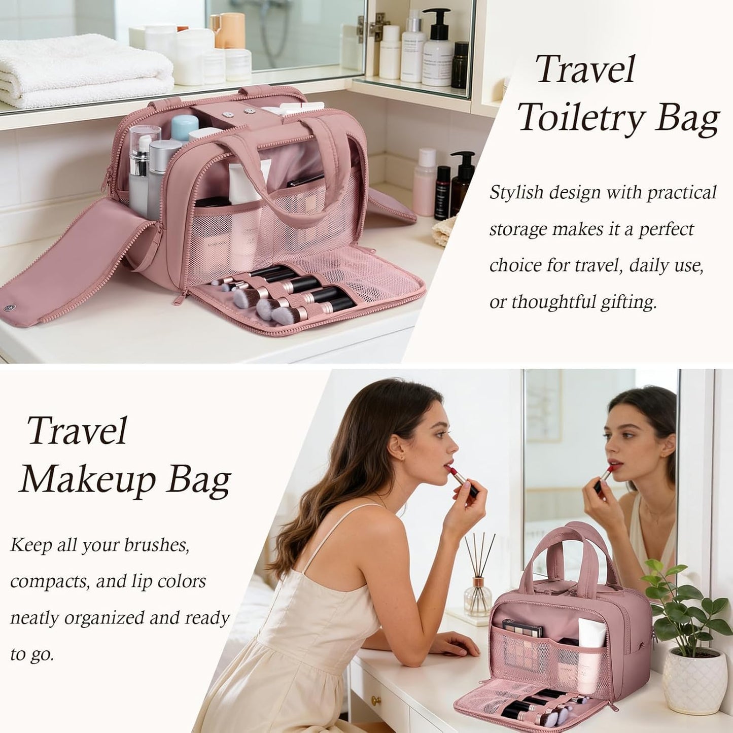 Skiennix Travel Toiletry Bag - Large Quilted Makeup Organizer | Water-Resistant & Lightweight - Dark Pink