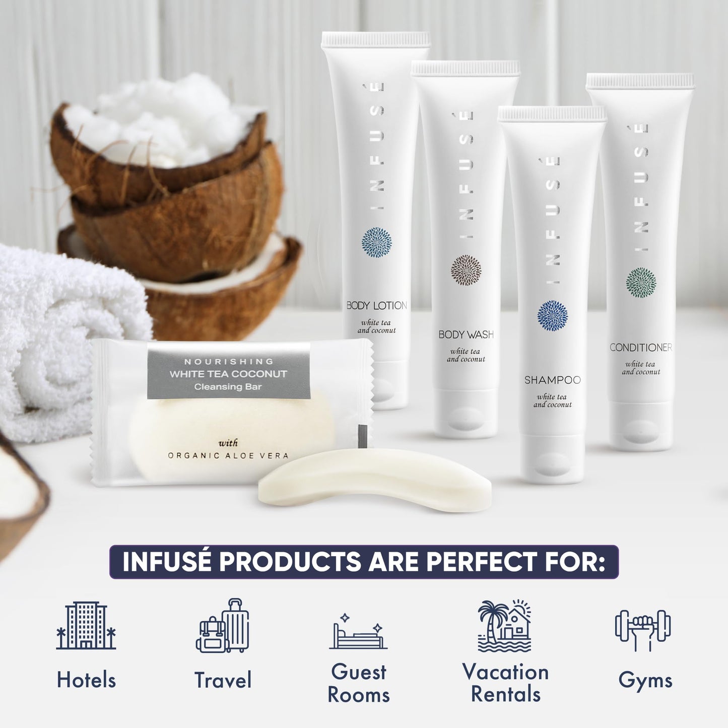 Infuse Pure White Tea and Coconut All-In-Kit Hotel Soaps and Toiletries Bulk Set | 1oz Shampoo & Conditioner, Body Wash, Lotion & 1.25oz Bar Soap | Travel Size 75 Pieces.